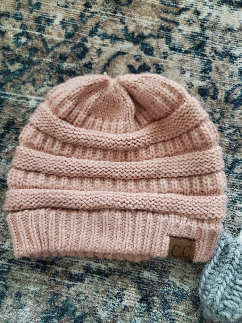 CC Brand Cozy Ribbed Knit Beanie - Blush Pink & Gelso Winter White W/Grey Blue